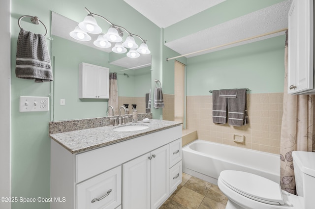 full bath featuring a tub, toilet, vanity, and curtained shower