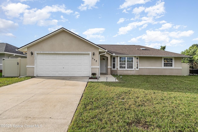 ranch-style home with an attached garage, driveway, stucco siding, and a front yard