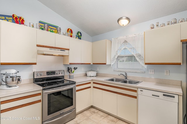 kitchen with electric stove, light countertops, under cabinet range hood, a sink, and dishwasher