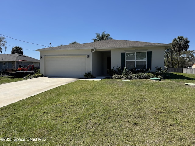 ranch-style home with driveway, a front yard, fence, an attached garage, and stucco siding