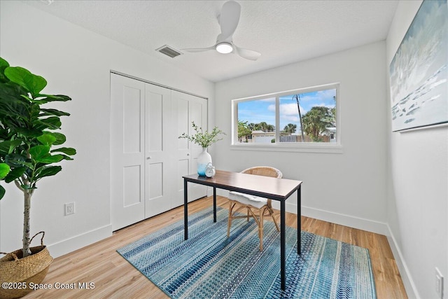 2059 Barracuda Ave, Melbourne Beach, FL 32951 - home office with a ceiling fan, a textured ceiling, visible vents, baseboards, and light wood finished floors