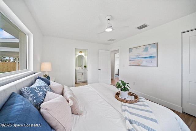 2059 Barracuda Ave, Melbourne Beach, FL 32951 - bedroom featuring a sink, ensuite bath, baseboards, wood finished floors, and visible vents