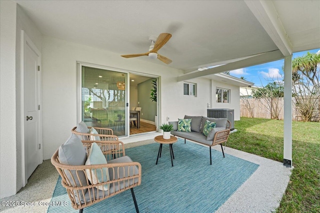 2059 Barracuda Ave, Melbourne Beach, FL 32951 - view of patio featuring a ceiling fan, outdoor lounge area, fence, and cooling unit