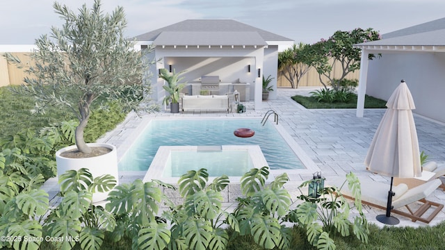 2059 Barracuda Ave, Melbourne Beach, FL 32951 - view of swimming pool with fence, a patio, exterior kitchen, a gazebo, and an in ground hot tub