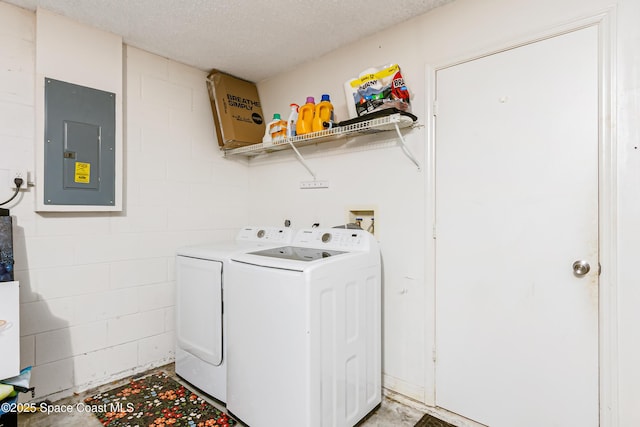 2801 Saint James Ln, Melbourne, FL 32935 - laundry area with electric panel, washer and dryer, concrete block wall, and a textured ceiling