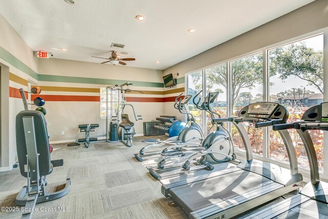2801 Saint James Ln, Melbourne, FL 32935 - exercise room featuring baseboards, ceiling fan, recessed lighting, and carpet flooring