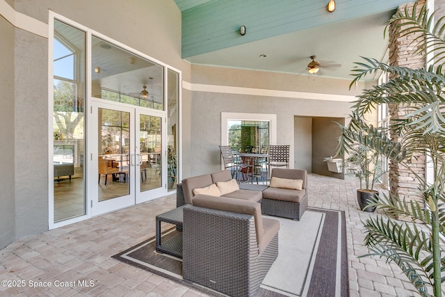 2801 Saint James Ln, Melbourne, FL 32935 - view of patio / terrace featuring ceiling fan, outdoor dining space, french doors, and an outdoor living space