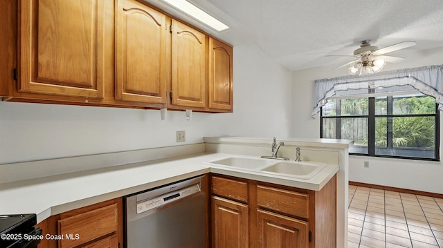 2615 Slash Pine Ct, Titusville, FL 32780 - kitchen featuring a sink, electric range oven, a peninsula, light tile patterned floors, and stainless steel dishwasher