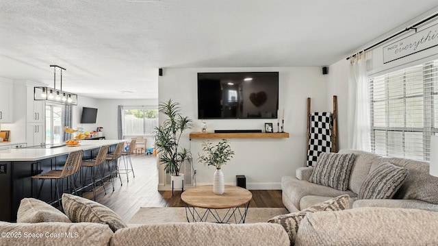 living room with baseboards and wood finished floors