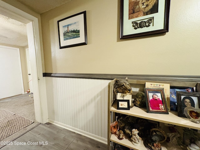 details featuring baseboards, a textured ceiling, wainscoting, and wood finished floors