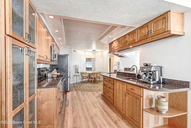 kitchen with a sink, stainless steel appliances, light wood-type flooring, and a textured ceiling