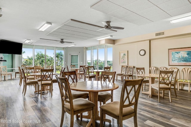 dining space featuring visible vents, floor to ceiling windows, ceiling fan, and wood finished floors