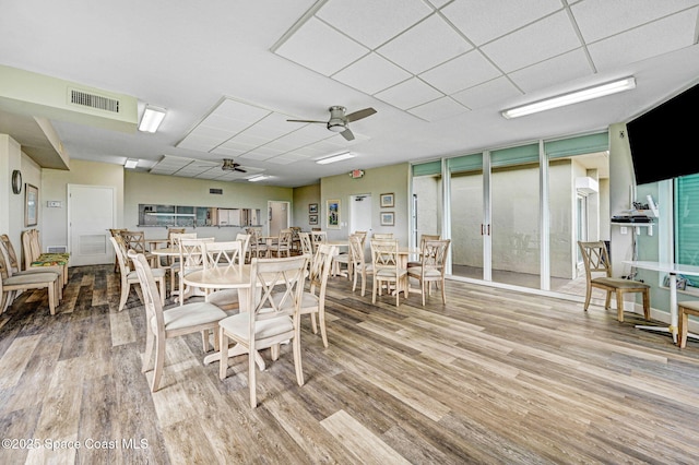 dining area with a ceiling fan, visible vents, and light wood-style floors