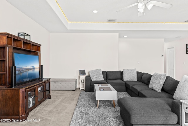 3502 Tipperary Dr, Merritt Island, FL 32953 - living area featuring light carpet, ceiling fan, and recessed lighting