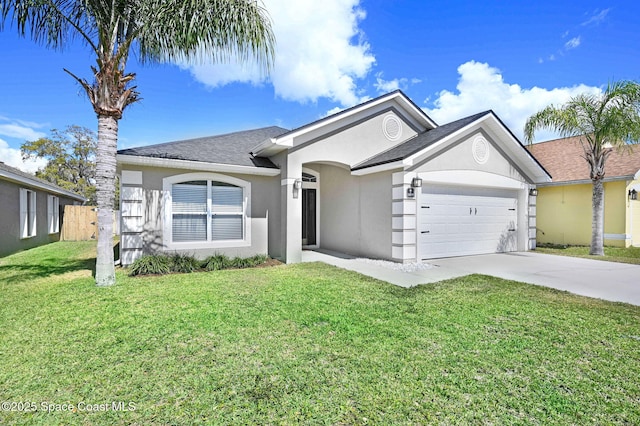 ranch-style home featuring roof with shingles, an attached garage, a front lawn, stucco siding, and concrete driveway