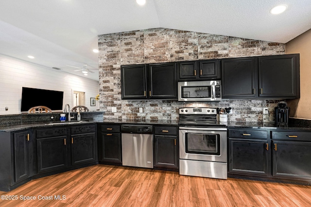 kitchen with dark cabinets, appliances with stainless steel finishes, a sink, and vaulted ceiling