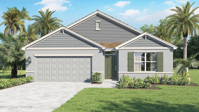 view of front facade featuring concrete driveway, an attached garage, a front yard, and stucco siding
