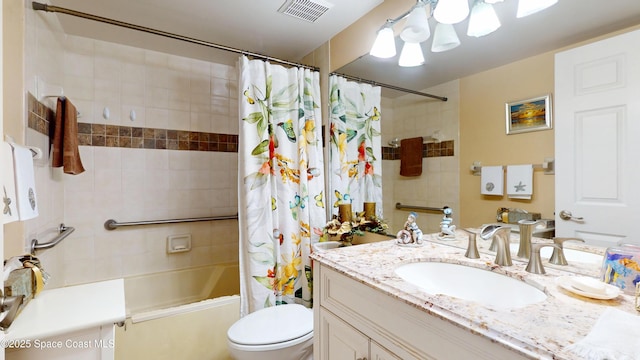 bathroom with shower / bath combo, toilet, and vanity