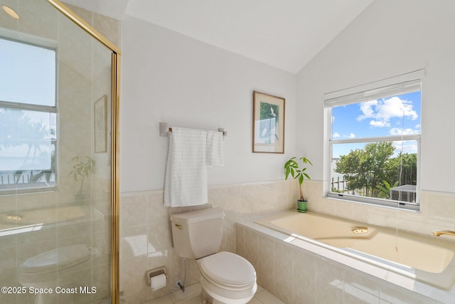 1495 Newfound Harbor Dr, Merritt Island, FL 32952 - bathroom featuring toilet, tile walls, lofted ceiling, a garden tub, and a stall shower