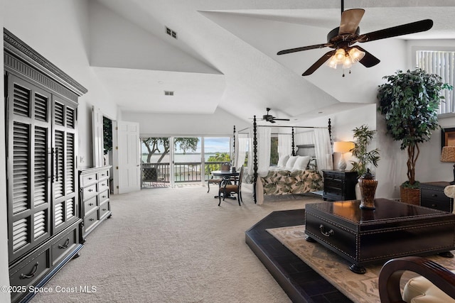 1495 Newfound Harbor Dr, Merritt Island, FL 32952 - carpeted bedroom with visible vents, multiple windows, ceiling fan, and access to exterior