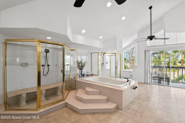 1495 Newfound Harbor Dr, Merritt Island, FL 32952 - bathroom featuring tile patterned floors, a ceiling fan, a stall shower, and a garden tub