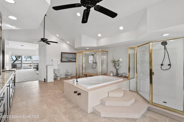 1495 Newfound Harbor Dr, Merritt Island, FL 32952 - full bathroom featuring ceiling fan, recessed lighting, a bidet, a bath, and a stall shower
