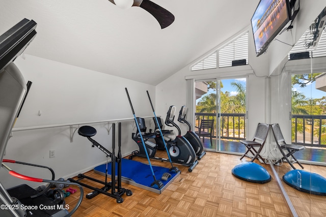 1495 Newfound Harbor Dr, Merritt Island, FL 32952 - exercise room with a ceiling fan and vaulted ceiling