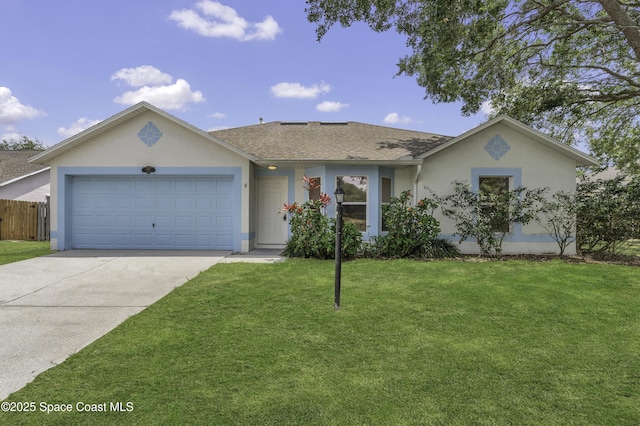 single story home featuring a garage, fence, a front lawn, concrete driveway, and stucco siding