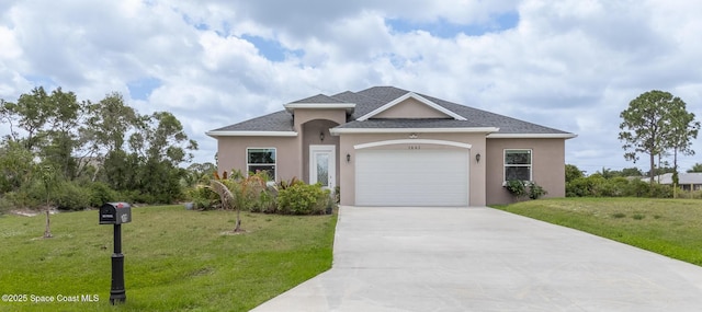 ranch-style home featuring an attached garage, stucco siding, driveway, and a front yard