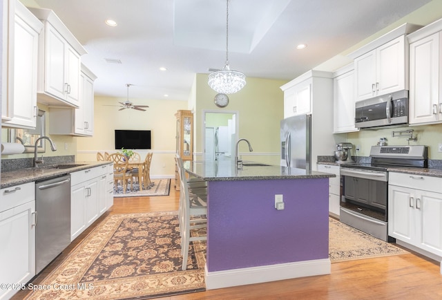 kitchen featuring appliances with stainless steel finishes, a sink, ceiling fan with notable chandelier, and light wood-style floors