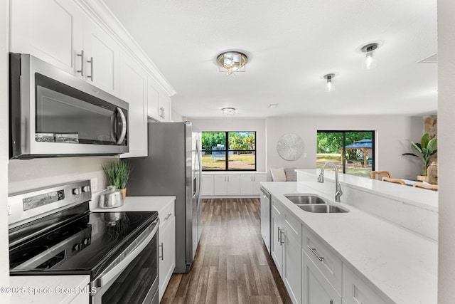 kitchen with dark wood-style flooring, white cabinetry, light stone counters, a sink, and appliances with stainless steel finishes