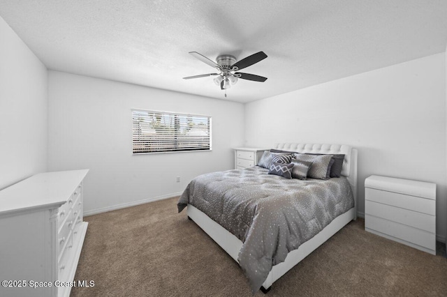 bedroom with baseboards, a textured ceiling, carpet, and ceiling fan