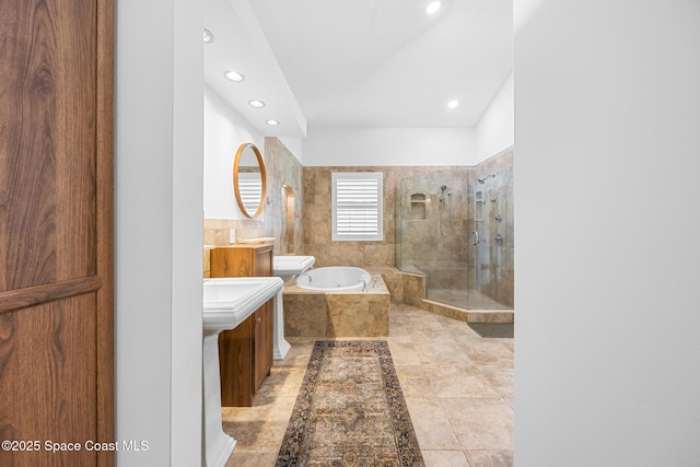 4730 Seminole Trl, Merritt Island, FL 32953 - bathroom featuring recessed lighting, a shower stall, and a garden tub
