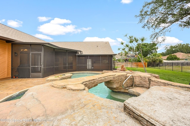 4730 Seminole Trl, Merritt Island, FL 32953 - view of pool with an in ground hot tub, a sunroom, a fenced in pool, a fenced backyard, and a patio