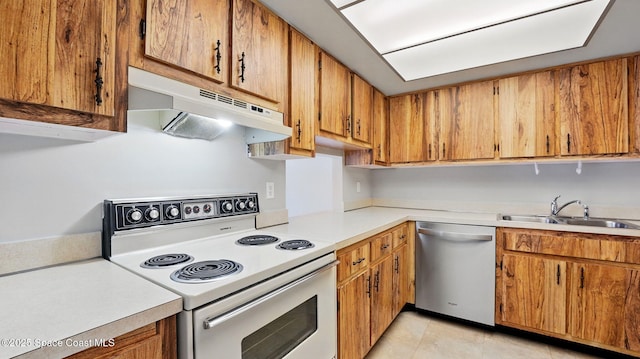 kitchen featuring white electric range, light countertops, under cabinet range hood, a sink, and dishwasher