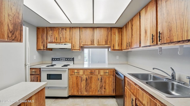 kitchen featuring white electric range oven, a sink, dishwasher, light countertops, and under cabinet range hood
