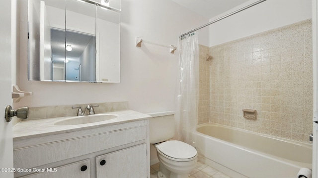 full bathroom featuring vanity, shower / tub combo, tile patterned floors, and toilet
