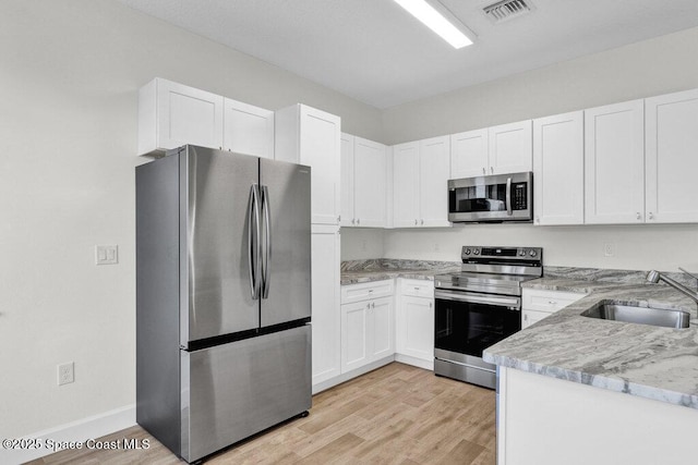 8050 96th Ave, Vero Beach, FL 32967 - kitchen with appliances with stainless steel finishes, a sink, white cabinetry, and light wood-style floors