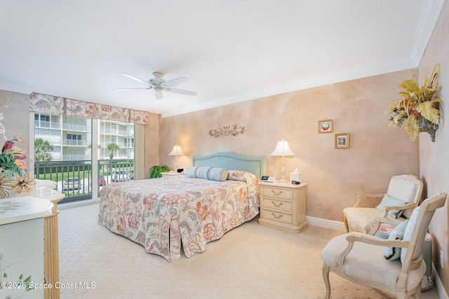 bedroom with carpet flooring, a ceiling fan, ornamental molding, and access to exterior