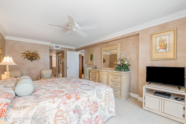 bedroom featuring visible vents, ornamental molding, baseboards, ceiling fan, and light colored carpet