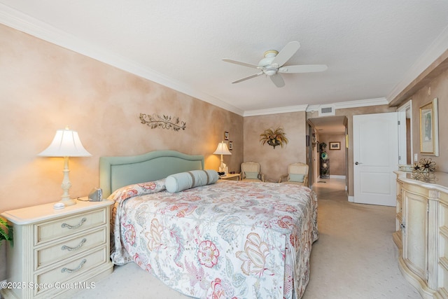 bedroom with crown molding, light colored carpet, a ceiling fan, and visible vents