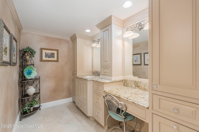 bathroom with baseboards, ornamental molding, marble finish floor, and vanity