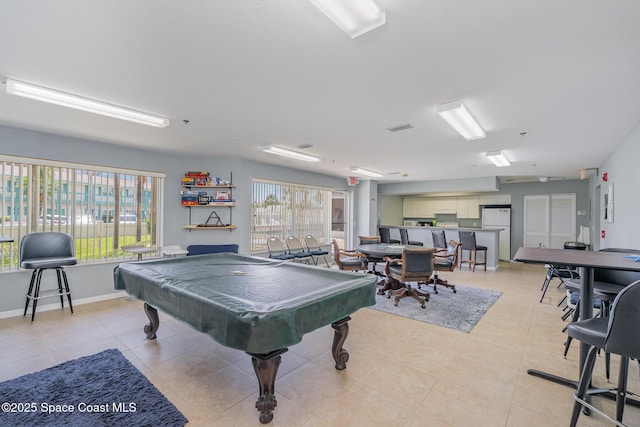 playroom with pool table, baseboards, light tile patterned flooring, and visible vents