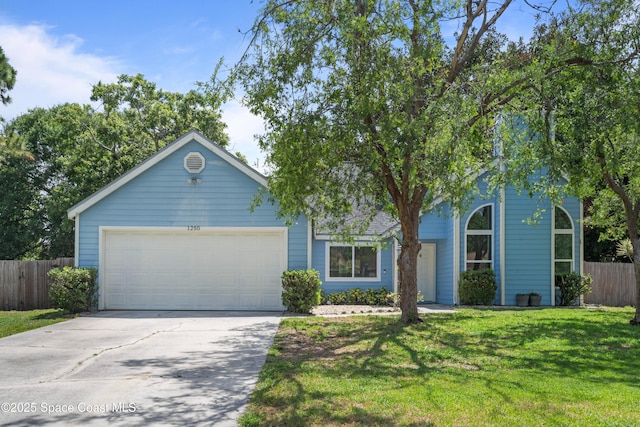 single story home with a garage, a front lawn, fence, and concrete driveway