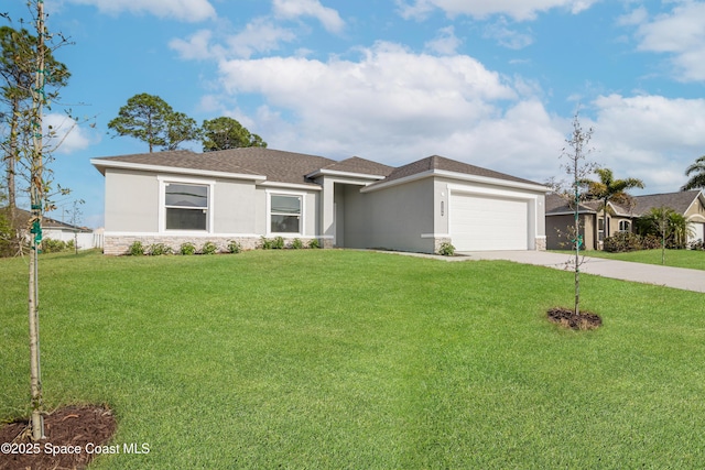 prairie-style house featuring a garage, stucco siding, concrete driveway, and a front lawn