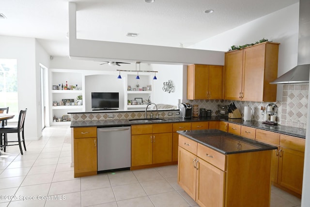321 Brightwater Dr SE, Palm Bay, FL 32909 - kitchen with stainless steel dishwasher, wall chimney exhaust hood, a peninsula, tasteful backsplash, and a ceiling fan