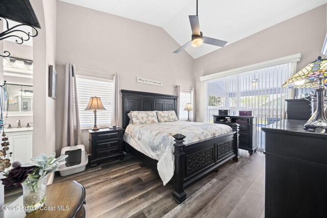 944 Osprey Ln, Rockledge, FL 32955 - bedroom with access to outside, high vaulted ceiling, wood finished floors, and a ceiling fan