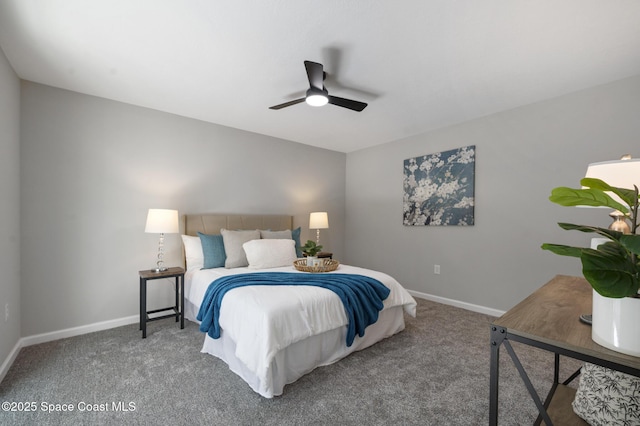 bedroom with carpet floors, baseboards, and a ceiling fan
