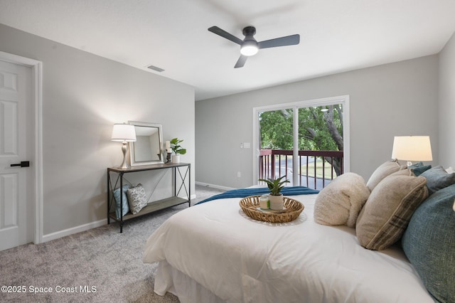 bedroom with access to outside, carpet, a ceiling fan, baseboards, and visible vents