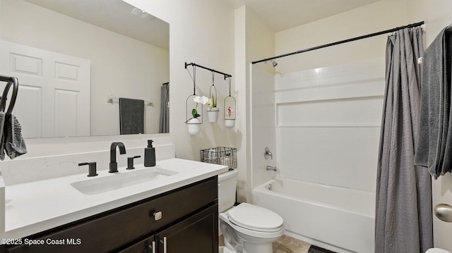 full bathroom with toilet, shower / bathtub combination with curtain, and vanity